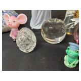 Faberge 1718 Rose Trellis Crystal Egg (no box), Capodimonte Virgin Mary Statue with Lidded Jar & Assorted Glass & Porcelain Figurines