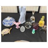 Faberge 1718 Rose Trellis Crystal Egg (no box), Capodimonte Virgin Mary Statue with Lidded Jar & Assorted Glass & Porcelain Figurines
