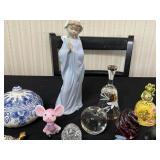 Faberge 1718 Rose Trellis Crystal Egg (no box), Capodimonte Virgin Mary Statue with Lidded Jar & Assorted Glass & Porcelain Figurines
