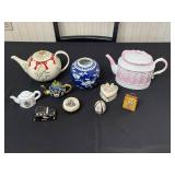 Assorted Porcelain Teapots & Miniatures - Pink, Blue & Cream with Gold Accents