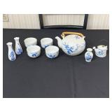 Kwangdong Blue and White Chinese Porcelain Tea Set with Bamboo-Wrapped Teapot and Matching Cups, Vases