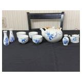 Kwangdong Blue and White Chinese Porcelain Tea Set with Bamboo-Wrapped Teapot and Matching Cups, Vases