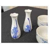 Kwangdong Blue and White Chinese Porcelain Tea Set with Bamboo-Wrapped Teapot and Matching Cups, Vases