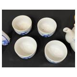 Kwangdong Blue and White Chinese Porcelain Tea Set with Bamboo-Wrapped Teapot and Matching Cups, Vases