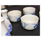 Kwangdong Blue and White Chinese Porcelain Tea Set with Bamboo-Wrapped Teapot and Matching Cups, Vases