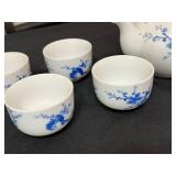 Kwangdong Blue and White Chinese Porcelain Tea Set with Bamboo-Wrapped Teapot and Matching Cups, Vases
