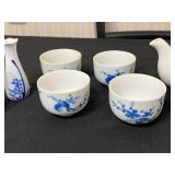 Kwangdong Blue and White Chinese Porcelain Tea Set with Bamboo-Wrapped Teapot and Matching Cups, Vases