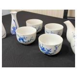 Kwangdong Blue and White Chinese Porcelain Tea Set with Bamboo-Wrapped Teapot and Matching Cups, Vases
