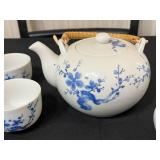 Kwangdong Blue and White Chinese Porcelain Tea Set with Bamboo-Wrapped Teapot and Matching Cups, Vases