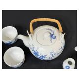 Kwangdong Blue and White Chinese Porcelain Tea Set with Bamboo-Wrapped Teapot and Matching Cups, Vases