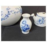 Kwangdong Blue and White Chinese Porcelain Tea Set with Bamboo-Wrapped Teapot and Matching Cups, Vases