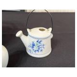 Kwangdong Blue and White Chinese Porcelain Tea Set with Bamboo-Wrapped Teapot and Matching Cups, Vases