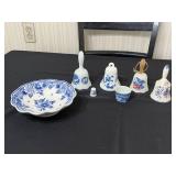 Delft Porcelain Lot - Floral Plate, Bells and Windmill Miniatures