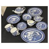 Johnson Bros Blue & White Transferware Dinnerware Set - Teapot, Cups & Plates