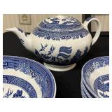 Johnson Bros Blue & White Transferware Dinnerware Set - Teapot, Cups & Plates