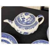 Johnson Bros Blue & White Transferware Dinnerware Set - Teapot, Cups & Plates