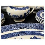 Johnson Bros Blue & White Transferware Dinnerware Set - Teapot, Cups & Plates