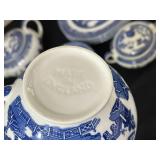 Johnson Bros Blue & White Transferware Dinnerware Set - Teapot, Cups & Plates