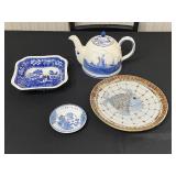 Spode Blue Tower England Hand Painted Teapot & Matching Dishes - 4 Piece Blue and White Transferware