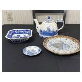 Spode Blue Tower England Hand Painted Teapot & Matching Dishes - 4 Piece Blue and White Transferware