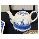 Spode Blue Tower England Hand Painted Teapot & Matching Dishes - 4 Piece Blue and White Transferware