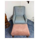 VTG Blue Scallop Pattern Upholstered Wingback Chair & Matching Ottoman (Lot of 2)