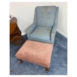 VTG Blue Scallop Pattern Upholstered Wingback Chair & Matching Ottoman (Lot of 2)
