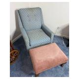 VTG Blue Scallop Pattern Upholstered Wingback Chair & Matching Ottoman (Lot of 2)