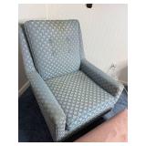 VTG Blue Scallop Pattern Upholstered Wingback Chair & Matching Ottoman (Lot of 2)