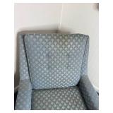 VTG Blue Scallop Pattern Upholstered Wingback Chair & Matching Ottoman (Lot of 2)