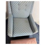 VTG Blue Scallop Pattern Upholstered Wingback Chair & Matching Ottoman (Lot of 2)