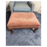 VTG Blue Scallop Pattern Upholstered Wingback Chair & Matching Ottoman (Lot of 2)
