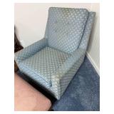 VTG Blue Scallop Pattern Upholstered Wingback Chair & Matching Ottoman (Lot of 2)