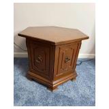 Vintage Hexagonal Wood End Table with Two Paneled Doors & Ring-Pull Hardware
