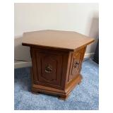 Vintage Hexagonal Wood End Table with Two Paneled Doors & Ring-Pull Hardware