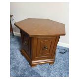 Vintage Hexagonal Wood End Table with Two Paneled Doors & Ring-Pull Hardware