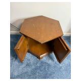 Vintage Hexagonal Wood End Table with Two Paneled Doors & Ring-Pull Hardware