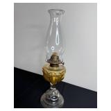Antique Glass Oil Lamp with Amber Shade and Clear Chimney