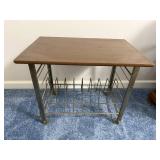 Industrial Wood-Top Rolling Cart with Metal Frame and Wire Shelf