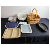 Assorted Bakeware - Mixing Bowl, Cake Pans, Muffin Pan & Woven Basket