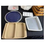 Assorted Bakeware - Mixing Bowl, Cake Pans, Muffin Pan & Woven Basket