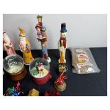 Assorted Christmas Ceramic Figurines & Glass Snow Globes - Snowmen, Santa & Nativity Scenes