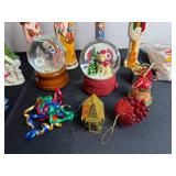 Assorted Christmas Ceramic Figurines & Glass Snow Globes - Snowmen, Santa & Nativity Scenes