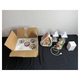 Assorted Christmas Decor - Gingerbread House, Santa Figurine & White Lanterns