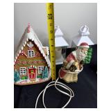 Assorted Christmas Decor - Gingerbread House, Santa Figurine & White Lanterns
