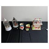 Assorted Christmas Decor - Snow Globes, Snowman Mugs & Gingerbread House