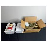 Ceramic Christmas Figurine with Wreath Detail - Gold Mesh Garland & Evergreen Sprigs