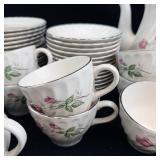 Scio Dorset Porcelain Dinnerware Set - Pink Rose on White with Platinum Trim-**NO SHIPPING**