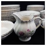Scio Dorset Porcelain Dinnerware Set - Pink Rose on White with Platinum Trim-**NO SHIPPING**