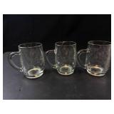Three Clear Glass Mugs with Etched Leaf Pattern (Lot of 3)
